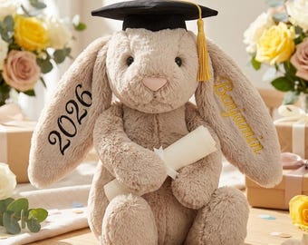Personalisiertes Abschluss-Häschen Plüsch, individuell gesticktes Name Kaninchen, Klasse von 2026 Andenken, College-Abschluss-Geschenk, Häschen mit Kappe-Diplom