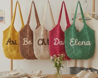 Bolso de playa de ganchillo personalizado, bolso de playa hecho a mano con hilo de algodón y nombre personalizado, bolso de viaje ligero y transpirable.