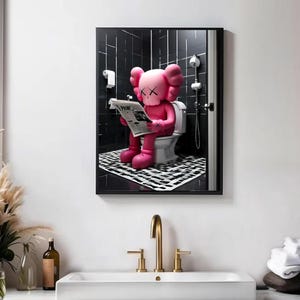Poster Kaws lisant le journal rose, assis sur les toilettes, poster des toilettes Kaws, Nike Kaws, figurine Hypebeast, déco de salle de bain Kaws, téléchargement numérique