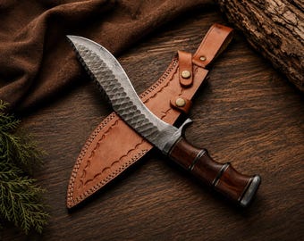 Damascus Kukri-mes met palissander handvat en leren schede | Handgemaakt jachtmes | Vaderdagcadeau