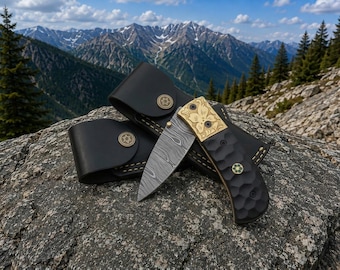 Damascus Steel Folding Pocket Knife | Wavy Pattern Blade | Camping Gift For Him | Fathers Day Gift