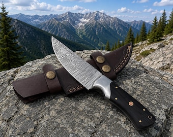Handmade Damascus Hunting Knife with Wenge Wood Handle  Leather Sheath | Full Tang Fixed Blade Knife for Camping