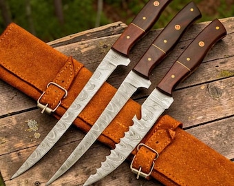Cuchillo de pesca de acero de Damasco hecho a mano / Juego de 3 cuchillos para filetear / Cuchillos de cocina con mango de palisandro