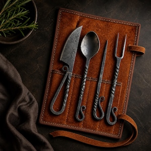 Puede incluir: Un juego de cuatro utensilios de metal forjado: un cuchillo, una cuchara, un pincho y un tenedor. Los utensilios tienen mangos retorcidos y se muestran en un rollo de cuero marrón. Fondo oscuro con un cuenco y una ramita de romero.