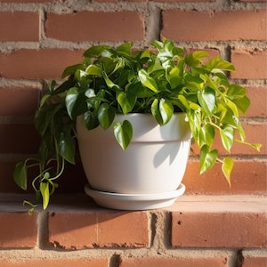 May include: A cream-coloured plant pot with a saucer, overflowing with lush green pothos plants. The pot sits against a red brick wall, with sunlight creating shadows. The plant's leaves are heart-shaped and cascade over the pot's edge.