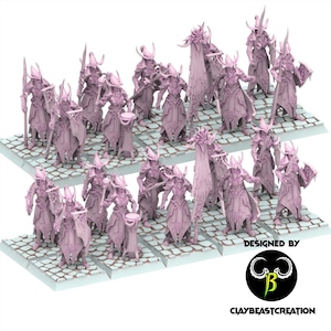 Könnte beinhalten: Eine Sammlung hellvioletter Fantasy-Miniaturen, jede mit aufwendiger Rüstung und Waffen, angeordnet auf strukturierten Sockeln. Einige Figuren halten Schilde, Banner oder Stäbe. Der Text "DESIGNED BY" und "CLAYBEASTCREATION" ist enthalten.