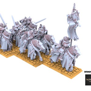 May include: A group of miniature figurines representing a medieval cavalry charge. The figures, mounted on horses, are clad in armour and brandishing swords. A banner is held high. The miniatures are set on a textured, yellow base.