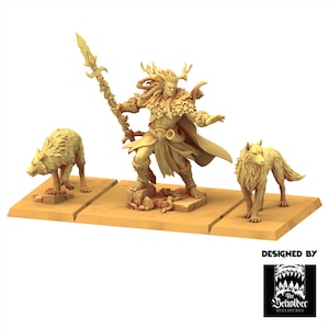 Peut inclure: Un ensemble de figurines beige représentant un guerrier fantastique avec une lance, deux loups et un socle. Le guerrier a des bois et des détails en forme de feuilles. Conçu pour les jeux de table ou l'exposition.