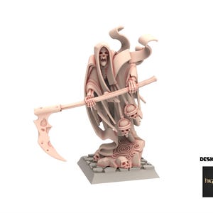 May include: A light beige miniature of the Grim Reaper, holding a scythe. The figure is draped in a hooded robe and stands on a stone base with skulls. The scythe blade has a decorative cutout design. The words "DESIGNED BY" and a logo are visible.