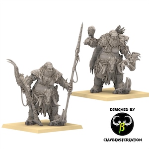 May include: Two detailed gray figurines of fantasy characters. One figure holds a bow and spear, the other holds a club and has a bird on its shoulder. Both figures are on a tan base. The text "DESIGNED BY" and "CLAYBEASTCREATION" are also visible.