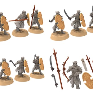 May include: Miniature fantasy warrior figurines, each with a shield and weapons such as spears, swords, and bows. The figures are grey with tan shields and bases. Additional weapons are also included.