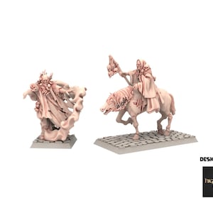 Puede incluir: Dos figuras en miniatura, una de pie y otra montada en un caballo esquelético. La figura de pie lleva una túnica larga y tiene una cara con forma de calavera. El jinete también lleva una túnica y sostiene un bastón con calaveras. Ambas figuras están sobre una base de piedra.