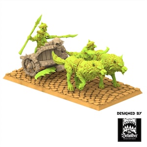 Può includere: Un carro di fantasia in miniatura trainato da due creature simili a lupi. Il carro è guidato da una figura verde che tiene una lancia. Il modello è su una base di ciottoli. Il design è di The Beholder Miniatures.