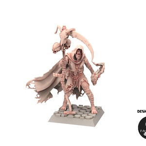 Puede incluir: Figura detallada de una figura con túnica, con una guadaña y detalles de calaveras. La figura está sobre una base de piedra. Diseño de Fantasy Cult.