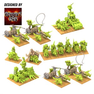 Puede incluir: Una colección de figuras de fantasía en miniatura de color verde lima que incluye carros tirados por bestias, jinetes montados y máquinas de guerra. El conjunto incluye el texto DESIGNED BY AVATARS OF WAR. Cada unidad está sobre una base rectangular beige.