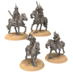 May include: Four gray miniature figurines of mounted soldiers. Each soldier is wearing armor and a helmet, and is holding a sword. The horses are also gray and are posed on tan circular bases. The figurines are likely for a tabletop game.