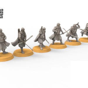 May include: Six miniature archer figurines in a light gray color, each posed with a bow and arrow. They stand on round, yellow bases. The text "DESIGNED BY DAVALE GAMES" is in the upper left corner.