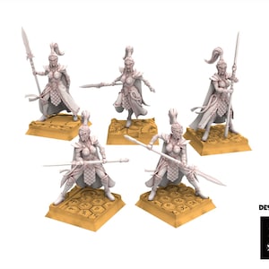 Puede incluir: Cinco figuras en miniatura de guerreras con armadura, cada una sosteniendo una lanza o espada. Las figuras son de color gris claro y están sobre bases hexagonales color beige. El diseño es de The Beholder Miniatures.