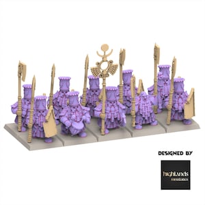 May include: A collection of miniature fantasy figures in lavender and beige. The figures are dressed in elaborate uniforms and carry weapons and banners. Some figures have drums. The base is light grey. The text "DESIGNED BY" and a logo are in the bottom right corner.