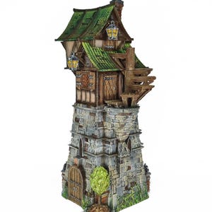May include: A detailed miniature fantasy tower with a green tiled roof and stone base. The tower features wooden accents, lanterns, and a small tree at the base. The structure has a whimsical, aged appearance, suggesting a medieval or fairytale theme.