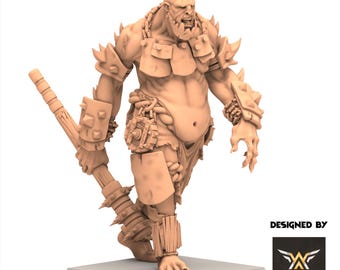 May include: A light peach-coloured miniature figurine of a muscular, snarling humanoid creature with a bald head. It wears spiked shoulder armour, a loincloth, and leg wraps, while holding a large, spiked wooden club in its right hand.