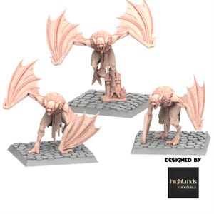 Può includere: Tre miniature non dipinte di creature simili a pipistrelli con grandi ali venate ed espressioni minacciose. Ogni figura è su una base di ciottoli grigi. Progettato da highlands miniatures.