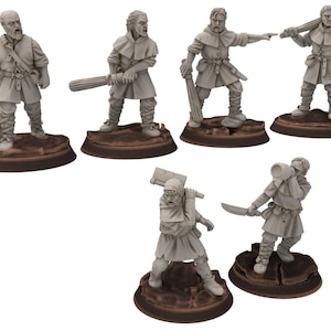 May include: A collection of six unpainted miniature figures, each posed in a dynamic action stance. The figures are dressed in medieval-style clothing and stand on brown, textured bases. The figures are gray.