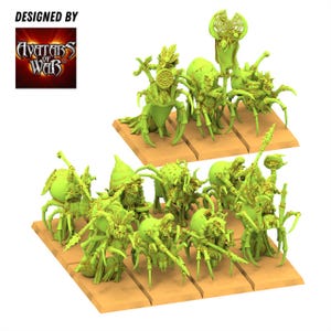 Può includere: Una collezione di miniature color verde lime raffiguranti cavalieri montati su grandi ragni, disposte su basi rettangolari color sabbia. Il set include il testo DESIGNED BY AVATARS OF WAR in alto a sinistra, con un logo a fiamme rosse.
