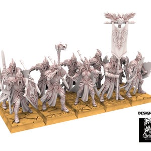 May include: A group of miniature fantasy figures, likely for tabletop gaming. The figures are clad in armor and carry swords, shields, and banners. The base is a tan color, and the figures are a light gray. The image includes the text "DESIGNED BY" and a logo.