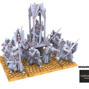 Könnte beinhalten: Eine Miniatur-Fantasieszene mit einer skelettartigen Figur auf einem Thron, die von einer Gruppe von Figuren getragen wird. Die Figuren sind mit Schwertern und anderen Waffen bewaffnet. Die Szene befindet sich auf einer strukturierten Basis.