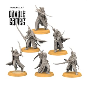 May include: A collection of six gray miniature figures of fantasy warriors, each posed with weapons like swords and bows. The figures are on small, round, tan bases. The text "DESIGNED BY DAVALE GAMES" is at the top left.