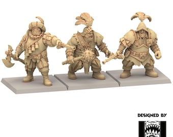 May include: Three unpainted beige resin fantasy miniatures standing on square bases. The figures wear detailed armour, feathered hats, and carry weapons including an axe, a mace, and pistols. A logo in the corner reads DESIGNED BY The Beholder Miniatures.