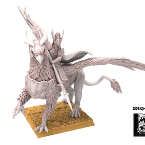 May include: A detailed, unpainted miniature of a warrior riding a griffin. The griffin has feathered wings and a detailed chest plate. The warrior holds a spear. The base is a textured, tan color. The design is by The Beholder Miniatures.