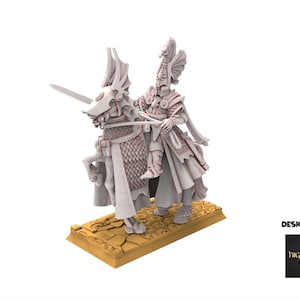May include: A detailed miniature figure of a knight riding a horse, both in a light gray color. The knight is holding a sword, and the horse has armor. The figure is on a gold-colored base. The text "DESIGNED BY" and the Highlands Miniatures logo are visible.