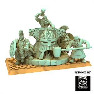 May include: A detailed miniature sculpture of a dwarven forge scene. The scene features multiple figures, including a blacksmith with a hammer, and other dwarves with weapons and tools. The sculpture is light beige and sits on a textured base.
