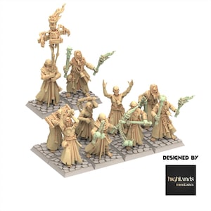 May include: A set of eight unpainted beige resin tabletop gaming miniatures featuring robed figures, some holding torches, flails, or a skeletal effigy on a pole. Each figure stands on a square cobblestone base. The text DESIGNED BY highlands miniatures is visible.
