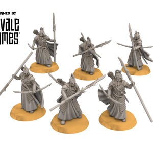 May include: A set of grey miniature fantasy figures, each in a warrior pose, holding spears, bows, and swords. The figures stand on tan bases. The text "DESIGNED BY DAVALE GAMES" is visible.