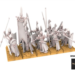 May include: A group of white miniature fantasy figures, possibly elves, are arranged on a gold-colored base. They are armed with spears, swords, and shields. One figure holds a banner. The figures are wearing armor and helmets. The text "DESIGNED BY highlands miniatures" is visible.