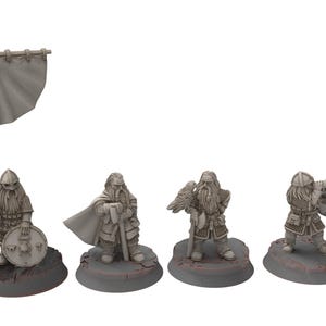 May include: Four miniature figurines of fantasy dwarves. Each dwarf is gray and stands on a dark gray base. One holds a flag, another a sword, a third a bird, and the last a horn and shield.