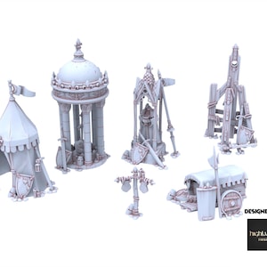 May include: A collection of miniature fantasy structures, including a tent, a domed building, a statue, a siege tower, a cart, and a signpost. The models are light gray with subtle details and are designed for tabletop gaming.