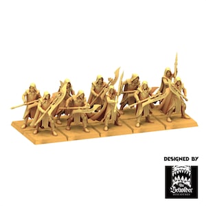 May include: A group of miniature figures, likely for tabletop gaming, in a tan color. Each figure is hooded and armed with various weapons, including spears and axes. The figures are standing on individual rectangular bases.
