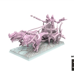 Könnte beinhalten: Hellviolette Fantasy-Miniatur mit einem von drei drachenartigen Kreaturen gezogenen Streitwagen. Zwei bekleidete Figuren stehen im Streitwagen und halten Waffen. Die Basis ist hellgrau mit einem Rissmuster. Die Worte "DESIGNED BY" und ein Logo sind sichtbar.