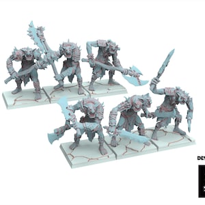 May include: A collection of miniature fantasy figures, each depicting a humanoid creature with spiky armor and wielding various weapons. The figures are in shades of gray and are mounted on rectangular bases. The image includes the text "DESIGNED BY" and a logo.
