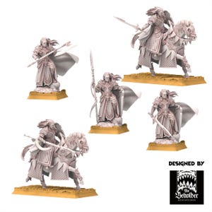 May include: A collection of white miniature fantasy figures, including a knight on horseback and several standing warriors. Each figure is detailed with armor and weapons, set on a rectangular base. The figures are designed by The Beholder Miniatures.