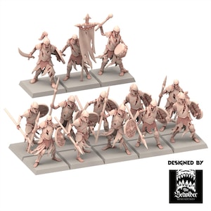 May include: A collection of miniature skeletal warriors, each posed on individual square bases. The figures are in various action poses, some wielding swords, spears, and shields. The color is a pale, bone-like hue, with tattered clothing details. The design is by The Beholder Miniatures.