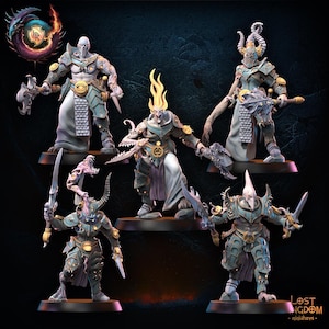 May include: A collection of detailed miniature figurines of fantasy warriors. Each figure is painted in shades of blue, white, and gold, and armed with swords and axes. The figures are standing on small, dark bases.