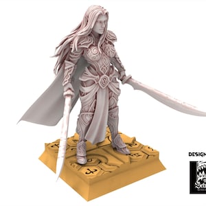 Puede incluir: Figura detallada de una guerrera con armadura ornamentada, sosteniendo dos espadas. La figura tiene cabello largo y suelto y una capa. Se encuentra sobre una base decorativa con acabado dorado. Diseñado por The Beholder Miniatures.