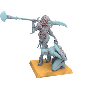 May include: A 3D-printed figurine of a warrior in armor, wielding a large weapon and standing over a kneeling figure. The warrior is light blue with red accents, and the base is a tan color. The figurine has intricate details.