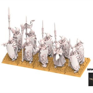 May include: A collection of white miniature figurines of armored warriors, each holding a spear or shield. The figurines stand on a textured, tan base. The shields feature a dragon design. The words "DESIGNED BY" and a logo are in the lower right corner.
