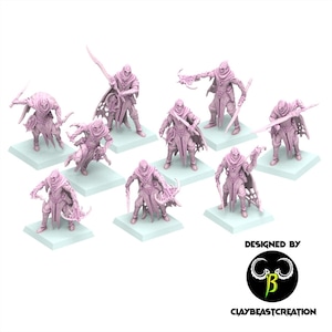 May include: A collection of eight light pink miniature figurines depicting armored warriors in various combat poses, each mounted on a square base. The figures feature detailed cloaks, hoods, and weaponry. Text in the corner reads DESIGNED BY CLAYBEASTCREATION.